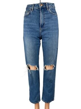 New Look Women's Blue Distressed High Waisted Straight Denim Mom Jeans Pants 2